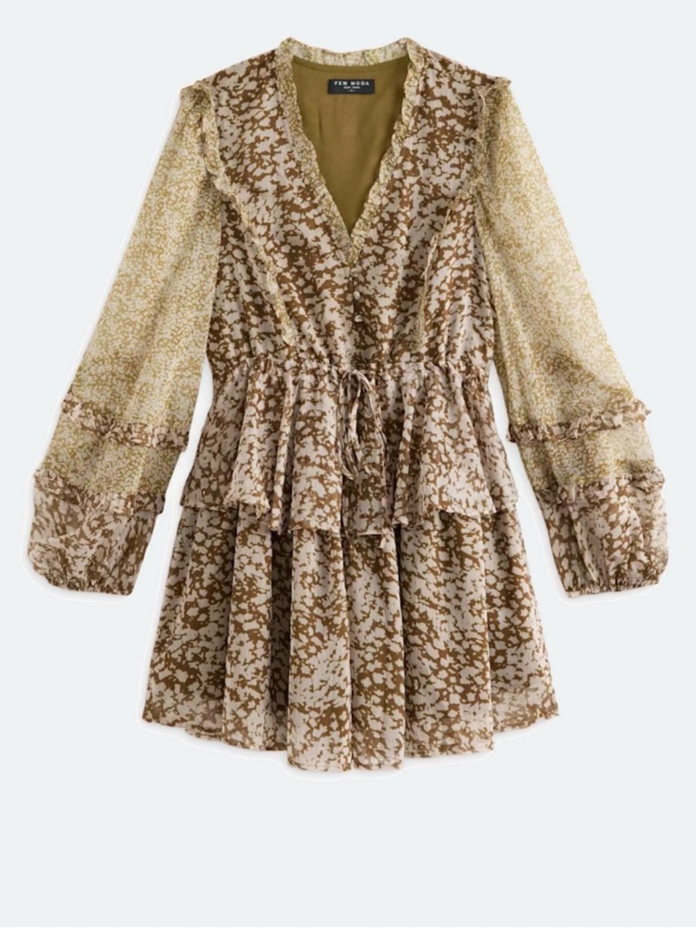 NWT Few Moda Hilo Dress; Ruffled Floral Mini Skirt in Olive-Tan